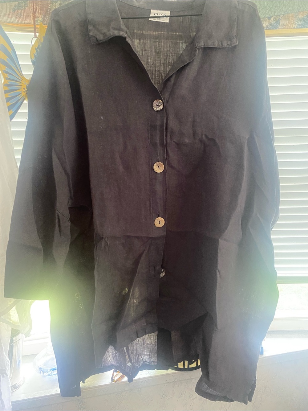 Click Relaxed Black Linen Button-Front Blazer